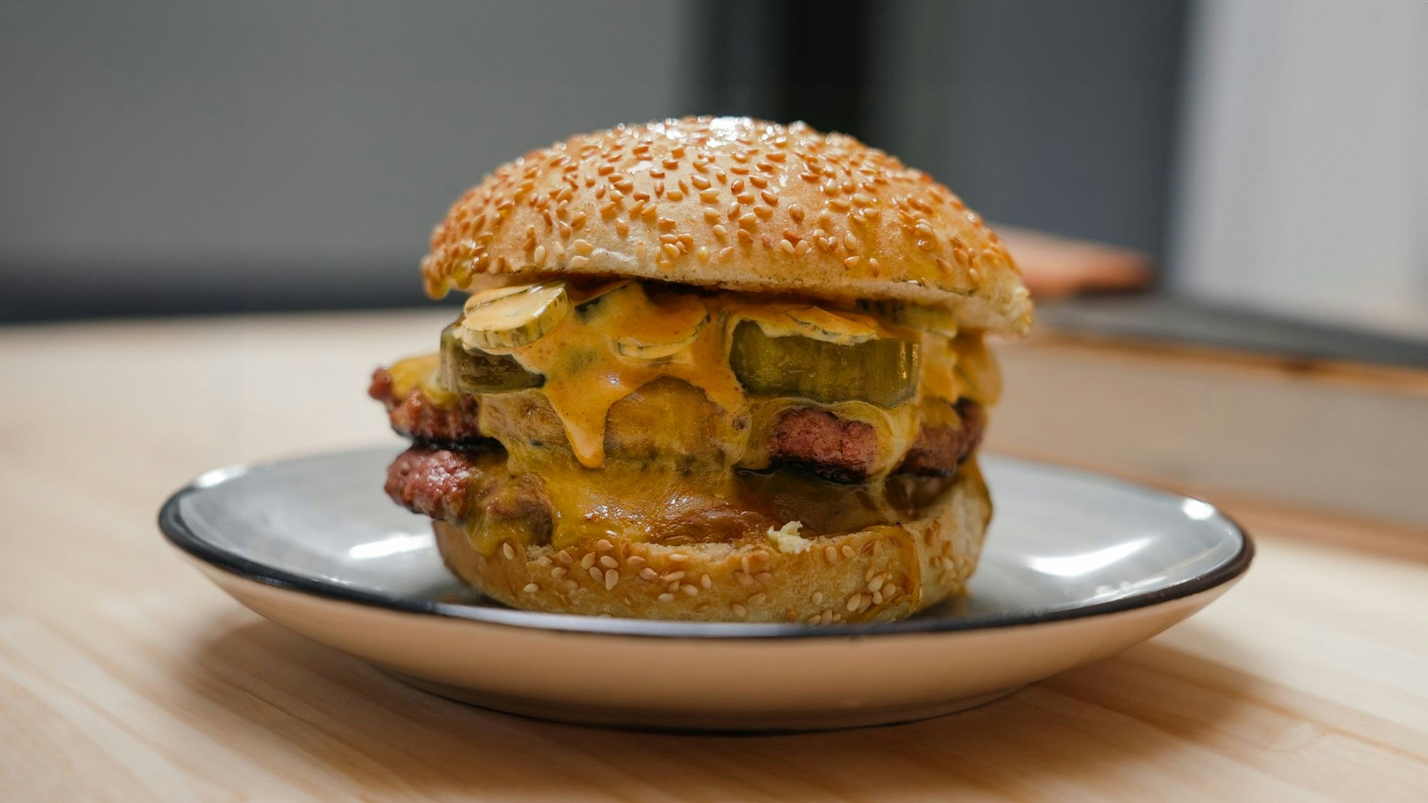 Beef Smash Burger with Bones Pickles and Burger Sauce