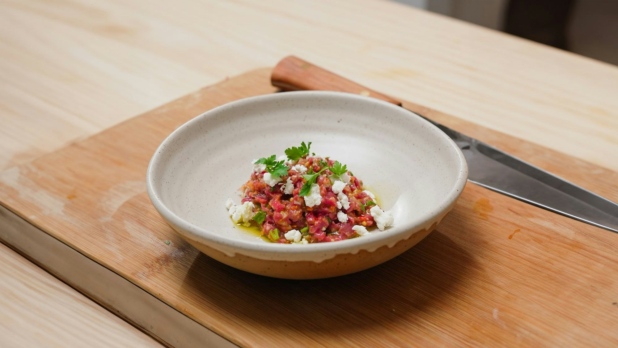 Beef Tartare with Romesco Crumbled Goat Cheese v3