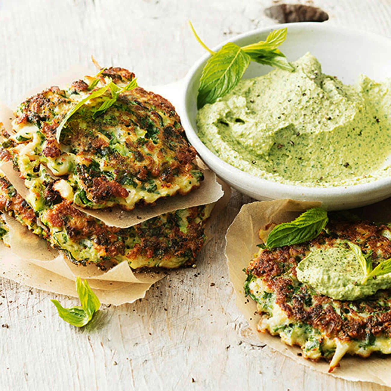 Cauliflower Broccoli Kale Fritters With Green Goddess Hummus