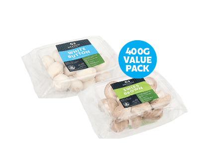 Meadow Swiss Brown or White Button Mushrooms 400g
