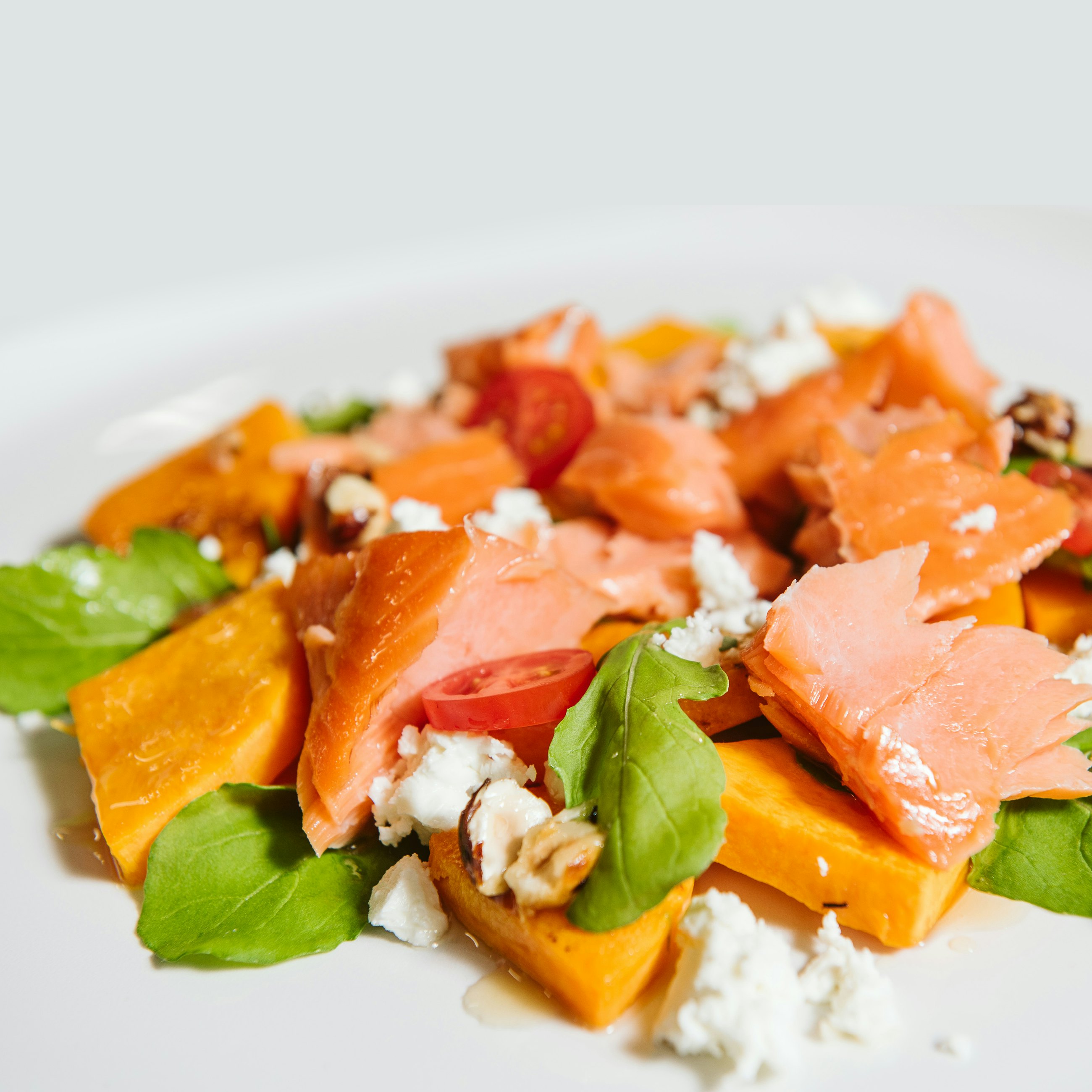 Aoraki Hot Smoked Salmon Maple glazed butternut salad close up