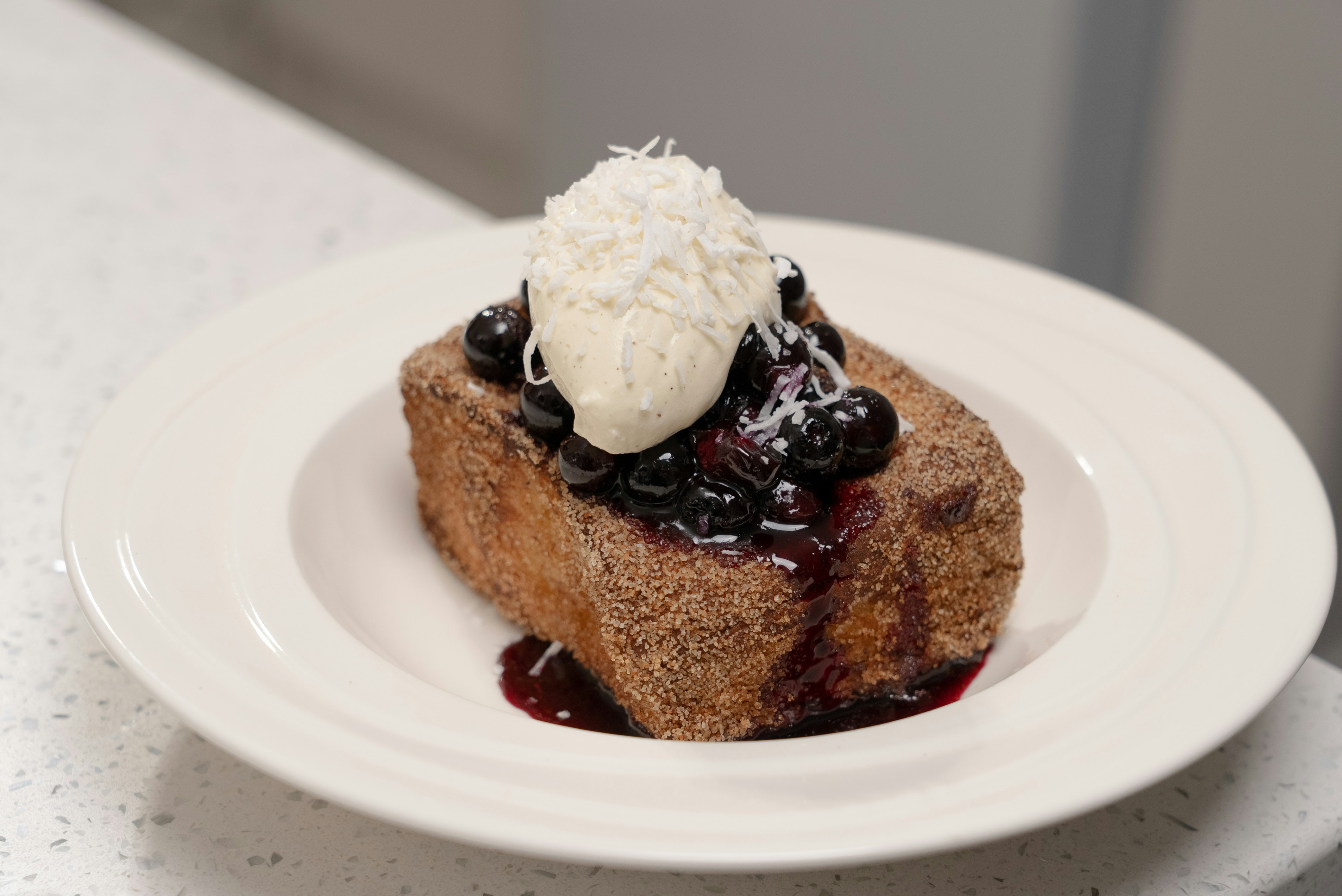 BLUEBERRY FRENCH TOAST WITH CHANTILLY CREAM & TOASTED